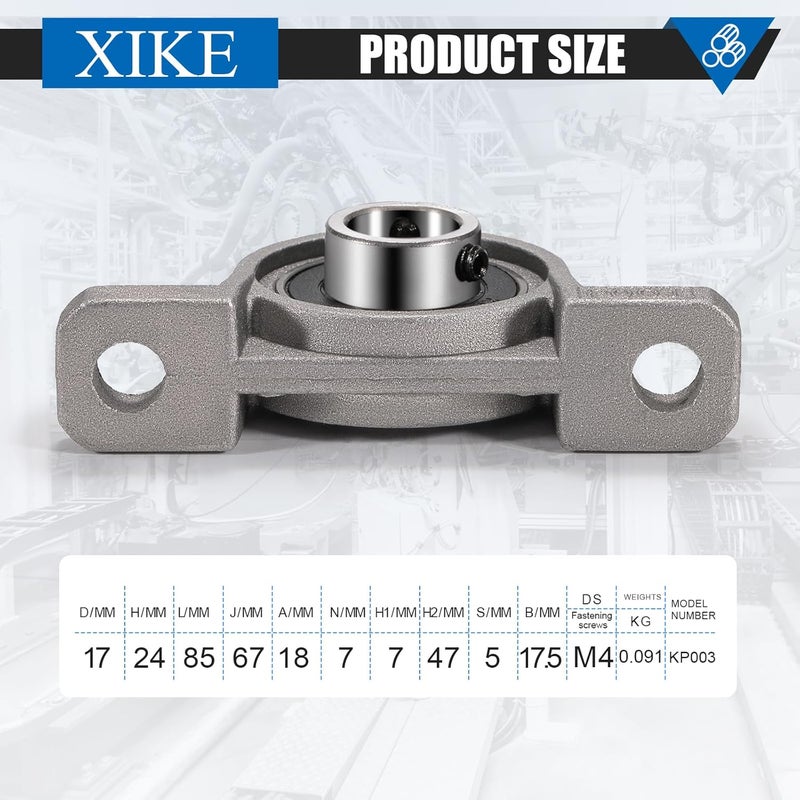 Xike 4 Pcs KP003 Mounted Pillow Block Bearings Bore 17mm/0.66inch Zinc Alloy Plummer Flanged Bearing，Cast Iron Self-Alignment Bearing for 3D Printer and More. - Image 2